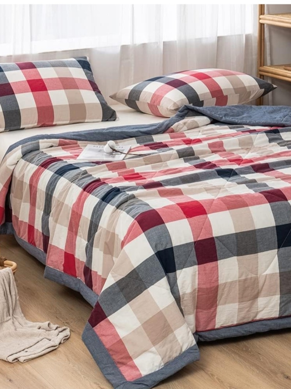 Plaid Cotton Quilt Set in Red, Navy & Beige - Brand: